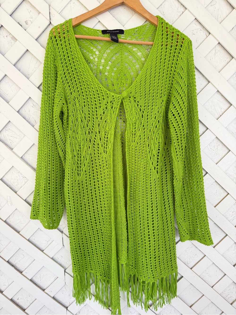 Ashley Stewart Bright Green Crochet Fringe Cardigan Cover-Up Longline Boho 14/16
